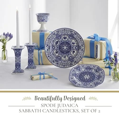 Spode Judaica Sabbath Candlesticks Set of 2 | Elegant Blue & White Ceramic Candle Holders for Shabbat & Holidays thumbnail 2