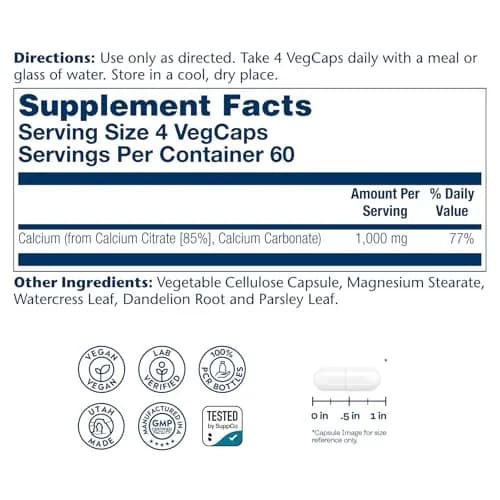 SOLARAY Calcium Citrate 1000 mg 240 Count | Bone & Teeth Support, Gentle Digestion Formula, 60 Servings, Vegan, Lab Verified thumbnail 2