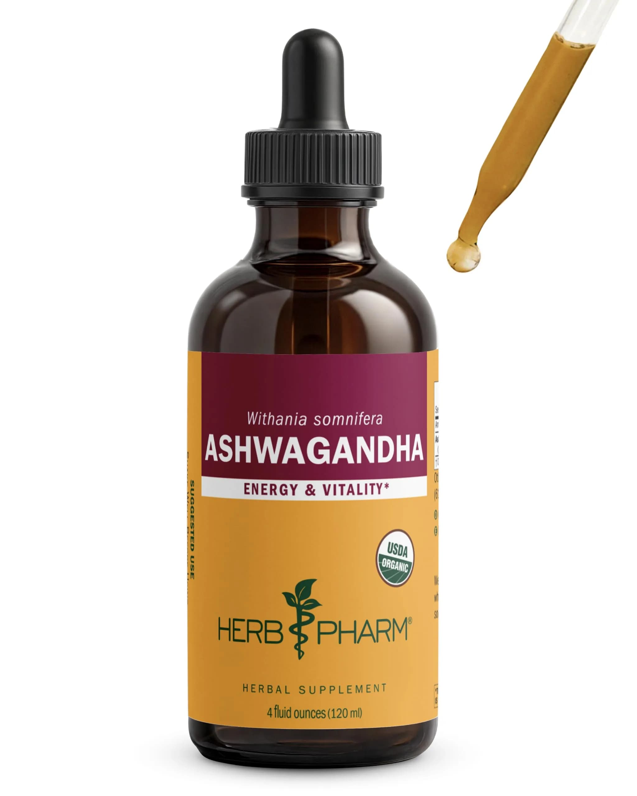 Herb Pharm Organic Ashwagandha Liquid Extract 30ml (1 Fl Oz) | USDA Organic Calming Adaptogen — 4 Fl Oz