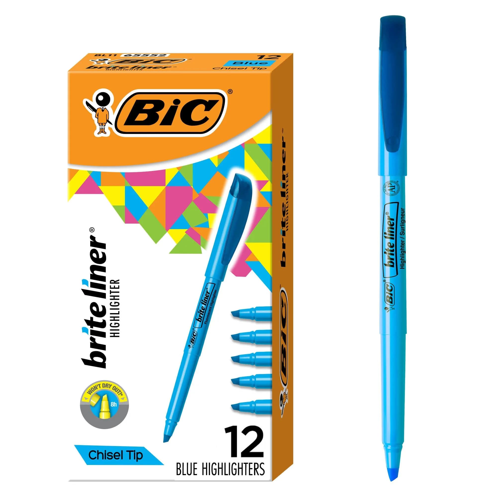 BIC Brite Liner Grip Pastel Highlighter Set, Chisel Tip, 12 Count (Pack of 18) | Smooth Ink Flow for Bullet Journaling — Blue