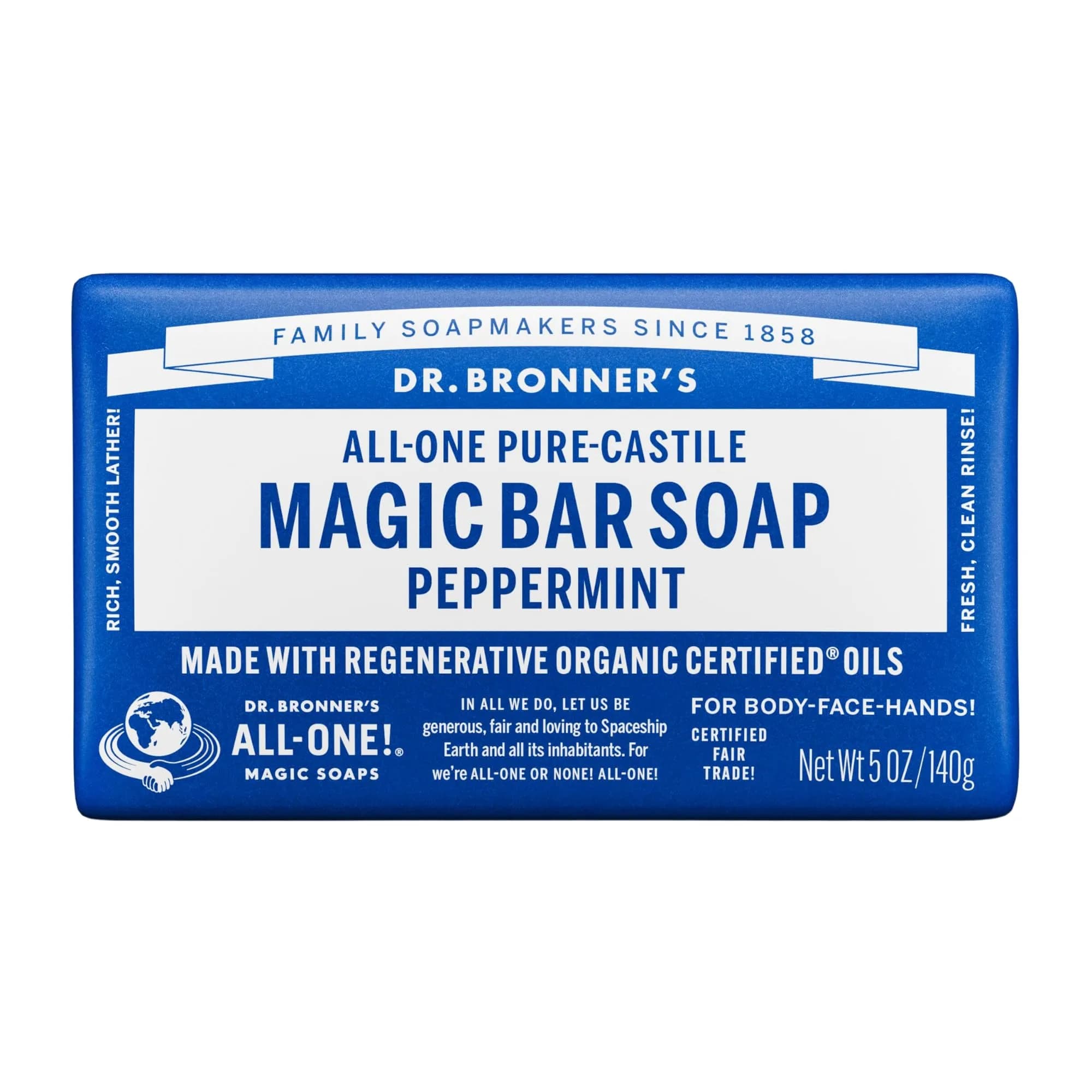 Dr. Bronner's Pure-Castile Bar Soap Rose 142g (5 Oz) | Gentle Moisturizing Vegan Soap — Peppermint / 5 Ounce