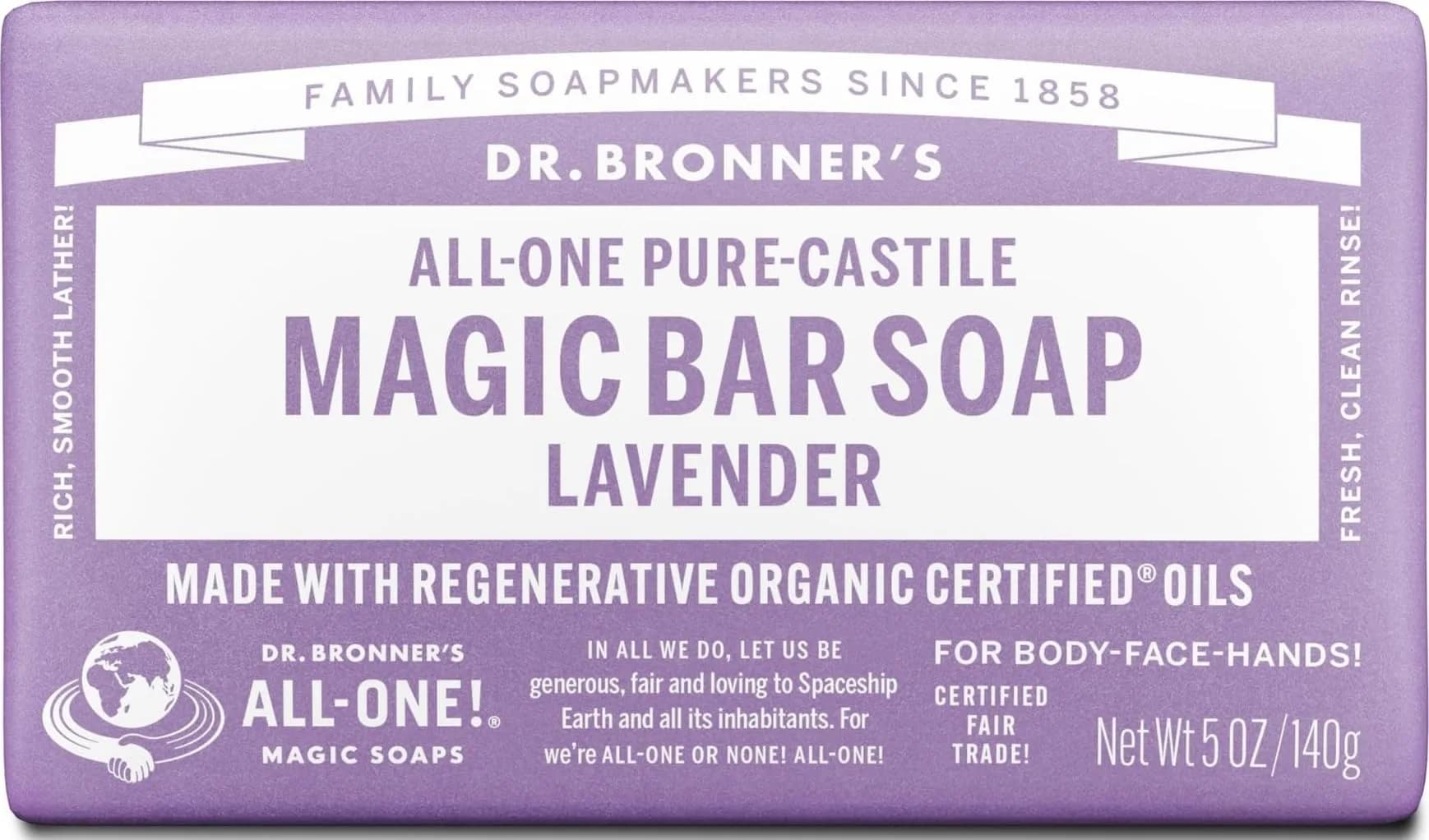 Dr. Bronner's Pure-Castile Bar Soap Lavender 142g (5 oz) | Organic & Fair Trade Ingredients - main product image
