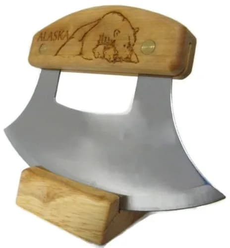 The ULU Factory Alaskan Ulu Knife 6" (15.24 cm) with Birch Handle & Stand | Traditional Forged Blade thumbnail 1