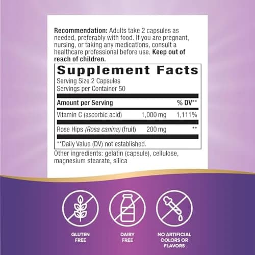 Nature's Way Vitamin C-500 with Rose Hips 100 Capsules | 1000 mg per Serving, Gluten-Free thumbnail 5
