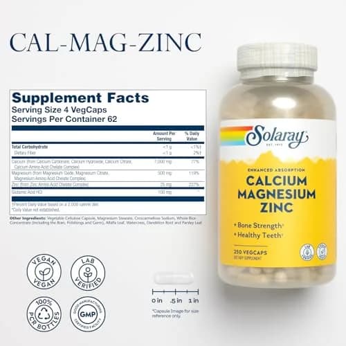 SOLARAY Calcium Magnesium Zinc Supplement - 1000mg Calcium, 500mg Magnesium, 25mg Zinc thumbnail 2