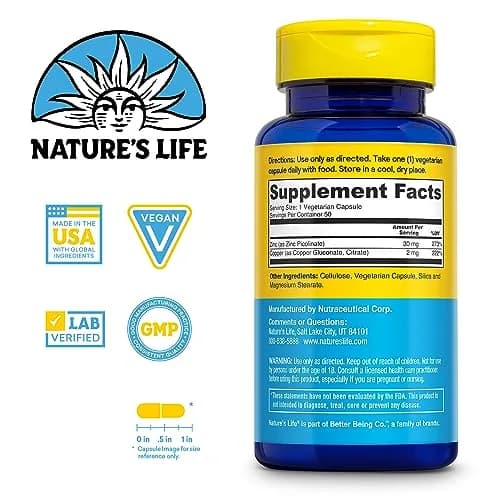 Nature's Life Zinc Picolinate 30mg + 2mg Copper | Immune & Skin Support (70-120 chars) thumbnail 2