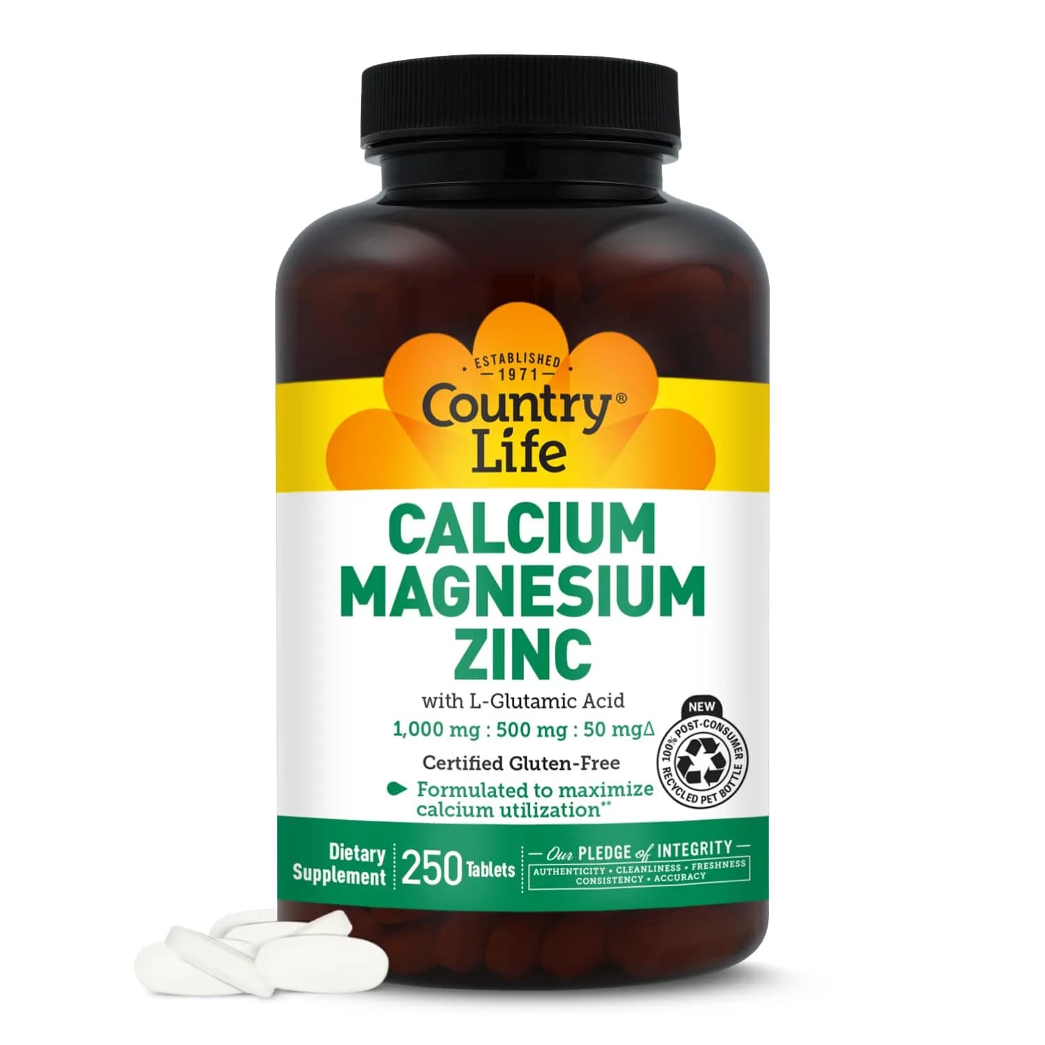 Country Life Calcium Magnesium Zinc with L-Glutamic Acid 250 Tablets | Bone & Muscle Support - main product image