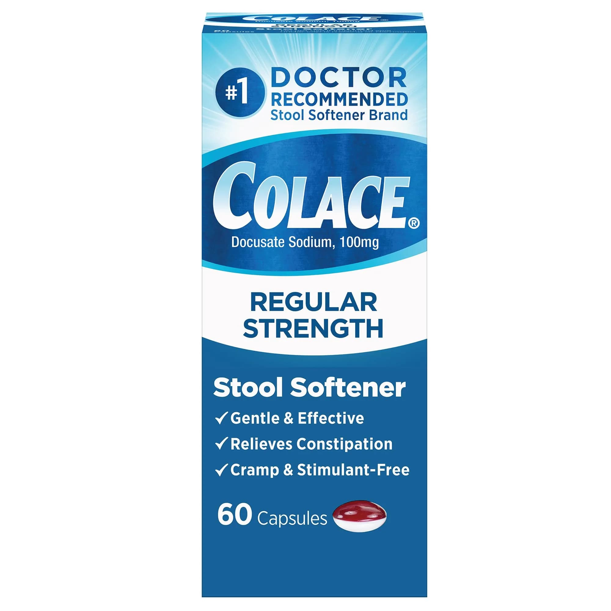 Colace Regular Strength Stool Softener Capsules 60 Count | Gentle Constipation Relief