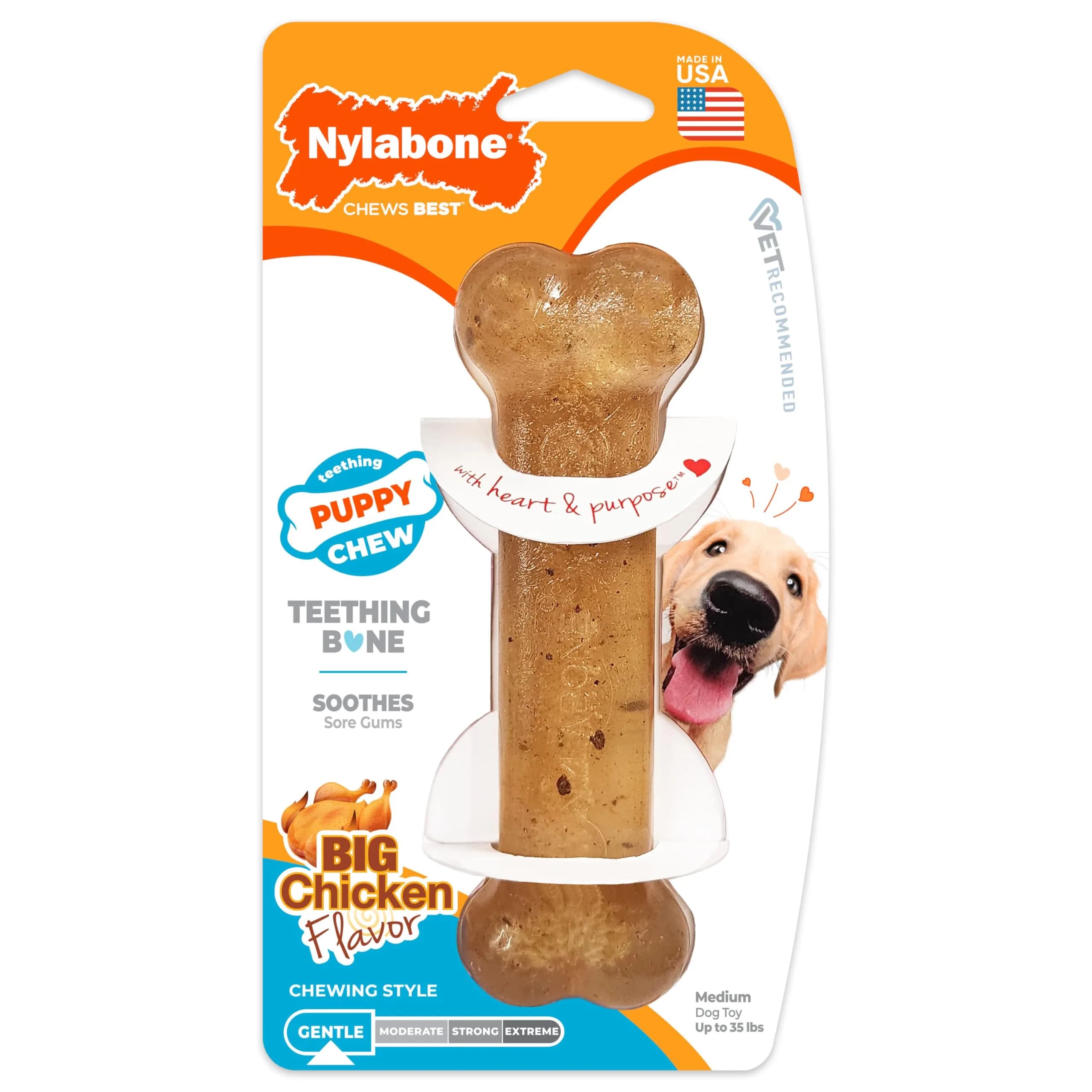 Nylabone Puppy Chew Teething Bone Dog Toy, Chicken Flavor, Medium 10.8cm (4.25in) | Soothes Gums & Teaches Chewing — Medium up to 35 lbs.