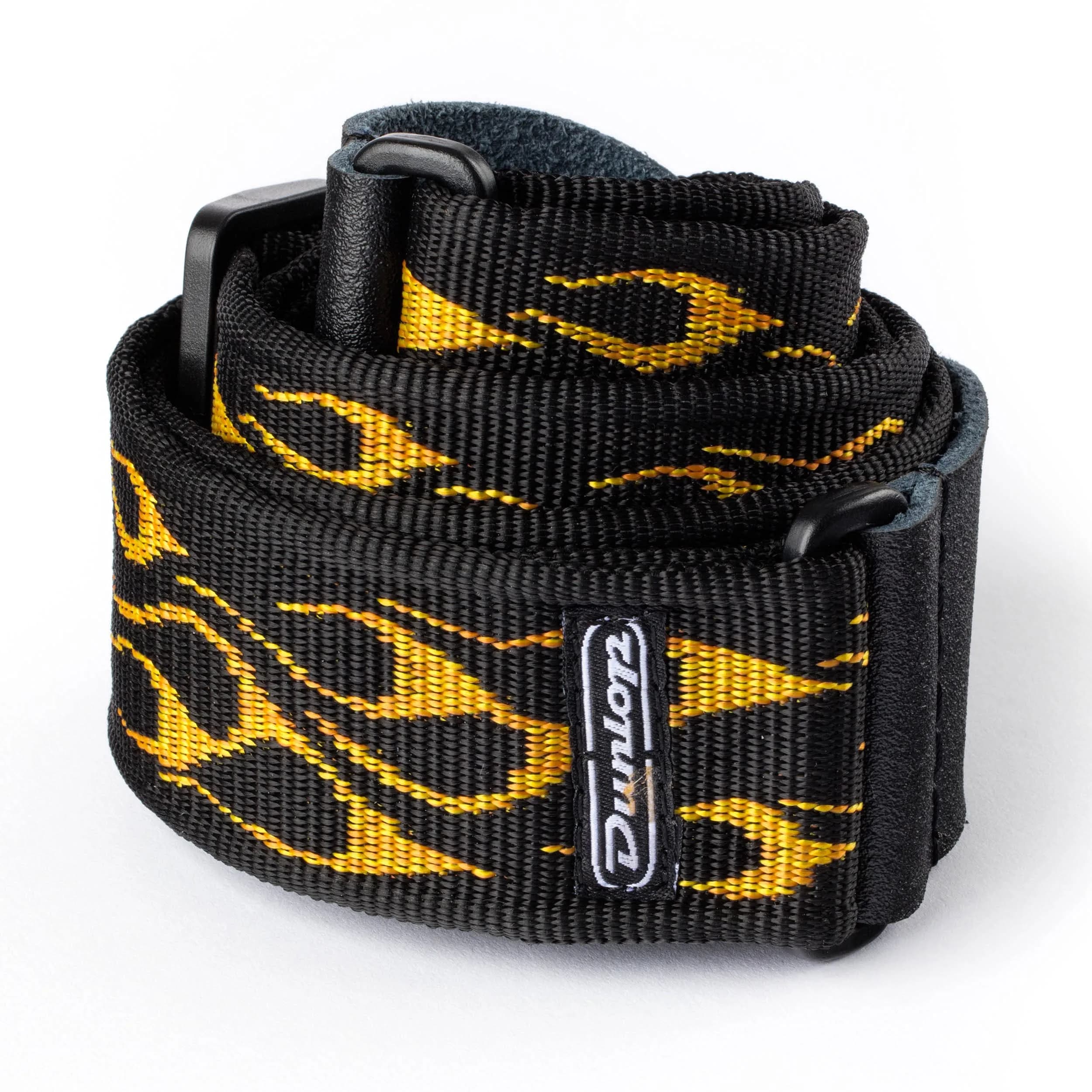 Jim Dunlop Classic Black Strap 2" Wide (38" Length) | Patented Comfort Edge Webbing — Flambe Yellow