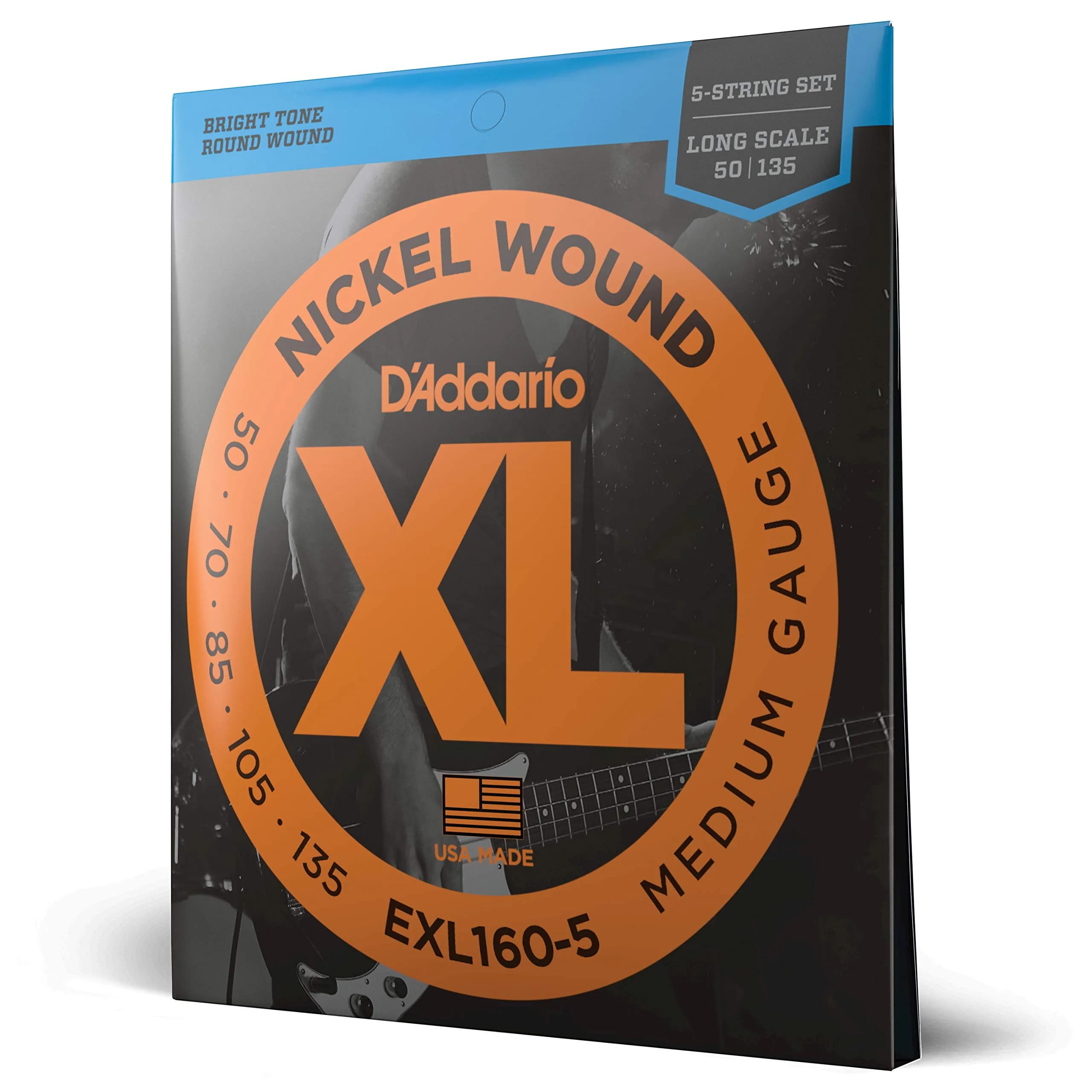 D'Addario XL Nickel Bass Guitar Strings 50-135, 5-String Set | Bright Tone, Consistent Feel, Reliable Tuning