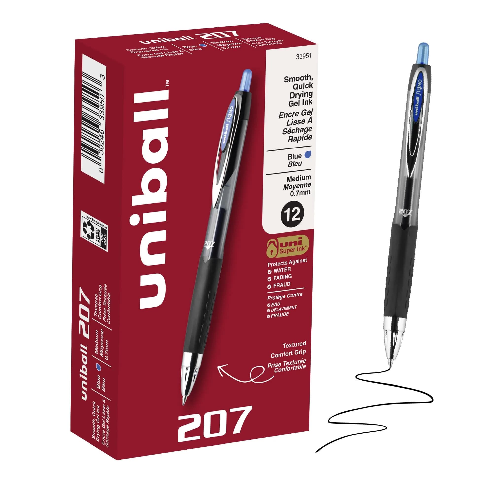 uni-ball 207 Gel Pens Blue Ink 0.7mm Medium Point Retractable 12 Count | Smooth Writing, Fraud-Resistant, uni Super Ink™