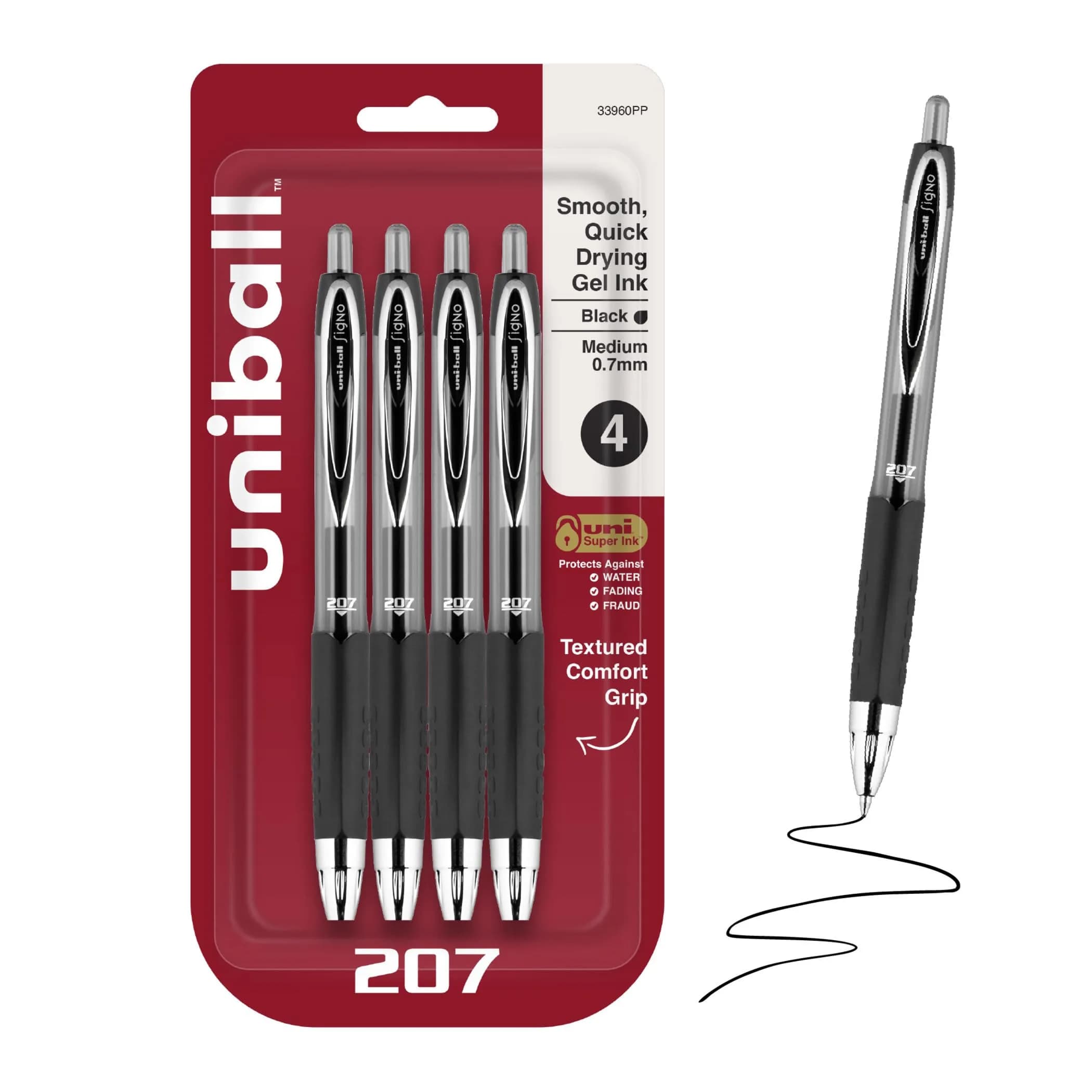 Uni-Ball 207 Retractable Gel Pens Black Ink 0.7mm Medium Point 4 Count | Smooth Writing for Students & Office