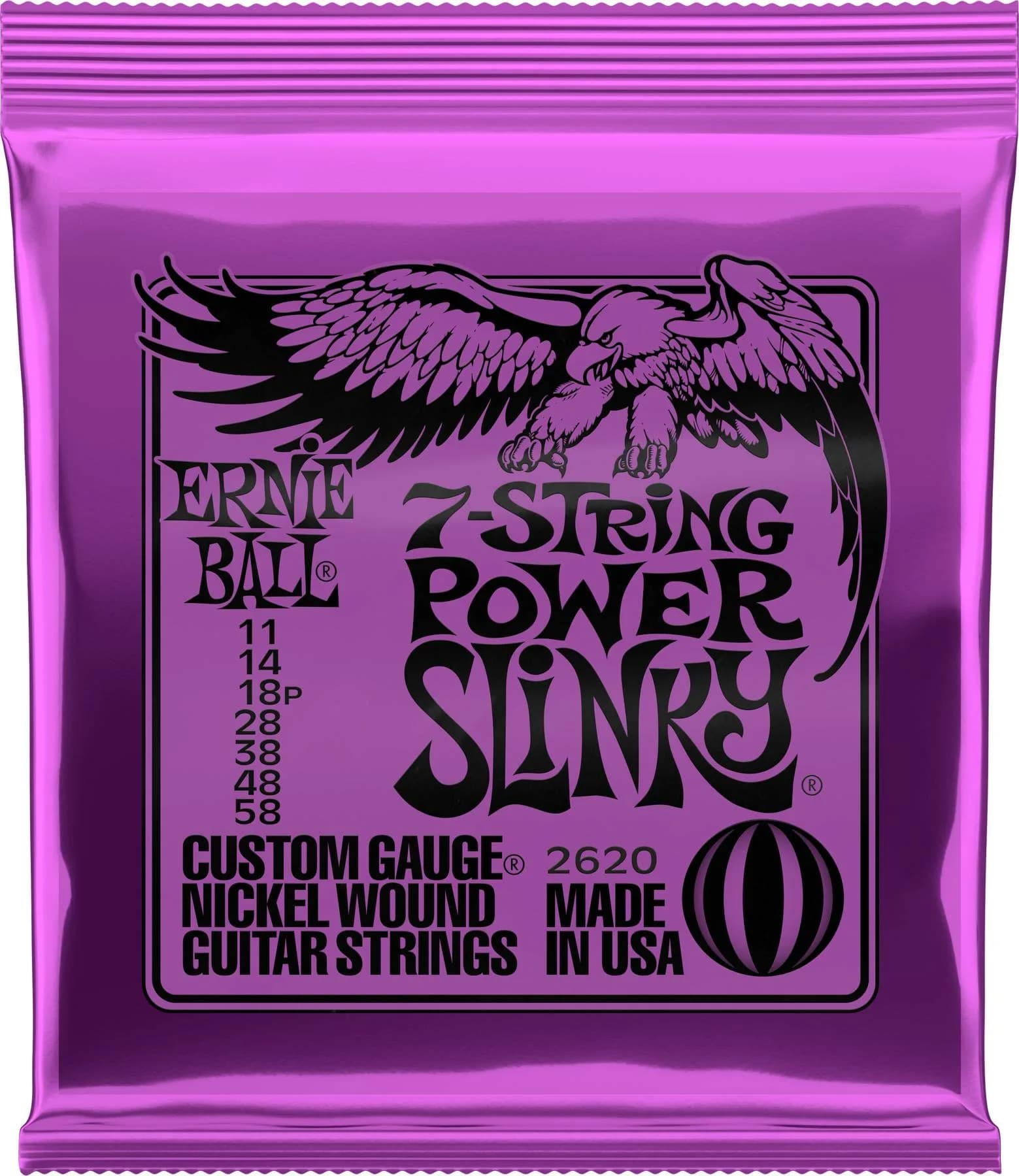 Ernie Ball Super Slinky 7-String Electric Guitar Strings 0.009-0.052 Gauge | Bright, Balanced Tone — Power (11-58) / Power