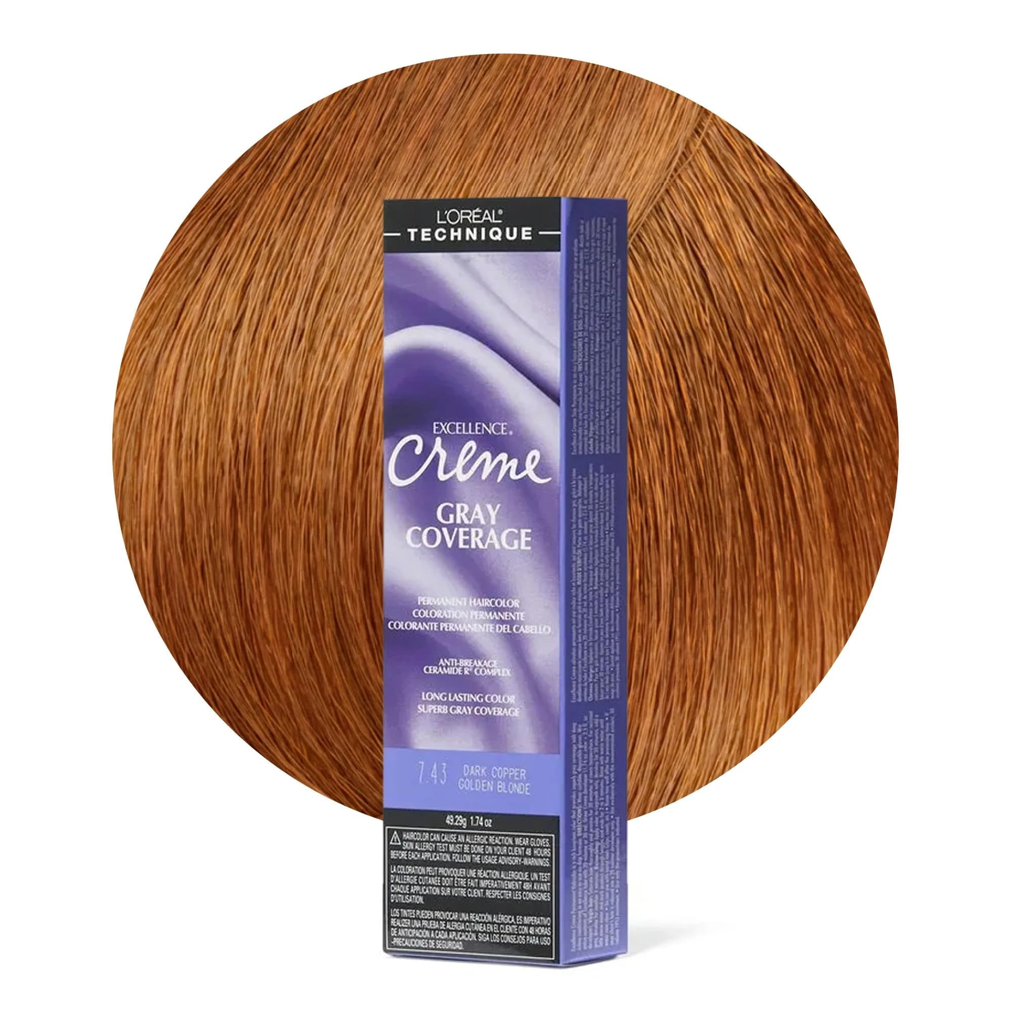 L'Oréal Technique Excellence Crème Permanent Hair Color – 3 Natural Black | Superb Gray Coverage — 7.43 Dark Copper Golden Blonde