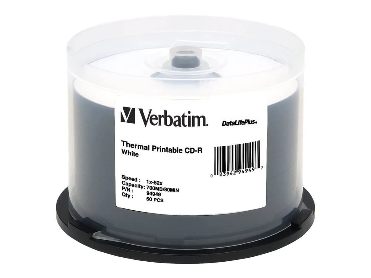 Verbatim DataLifePlus White Thermal Printable CD-R 700MB 52X (50pk Spindle, 80 Min) | Archival Quality for Audio & Data - main product image