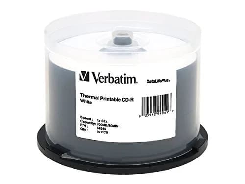 Verbatim DataLifePlus White Thermal Printable CD-R 700MB 52X (50pk Spindle, 80 Min) | Archival Quality for Audio & Data thumbnail 1