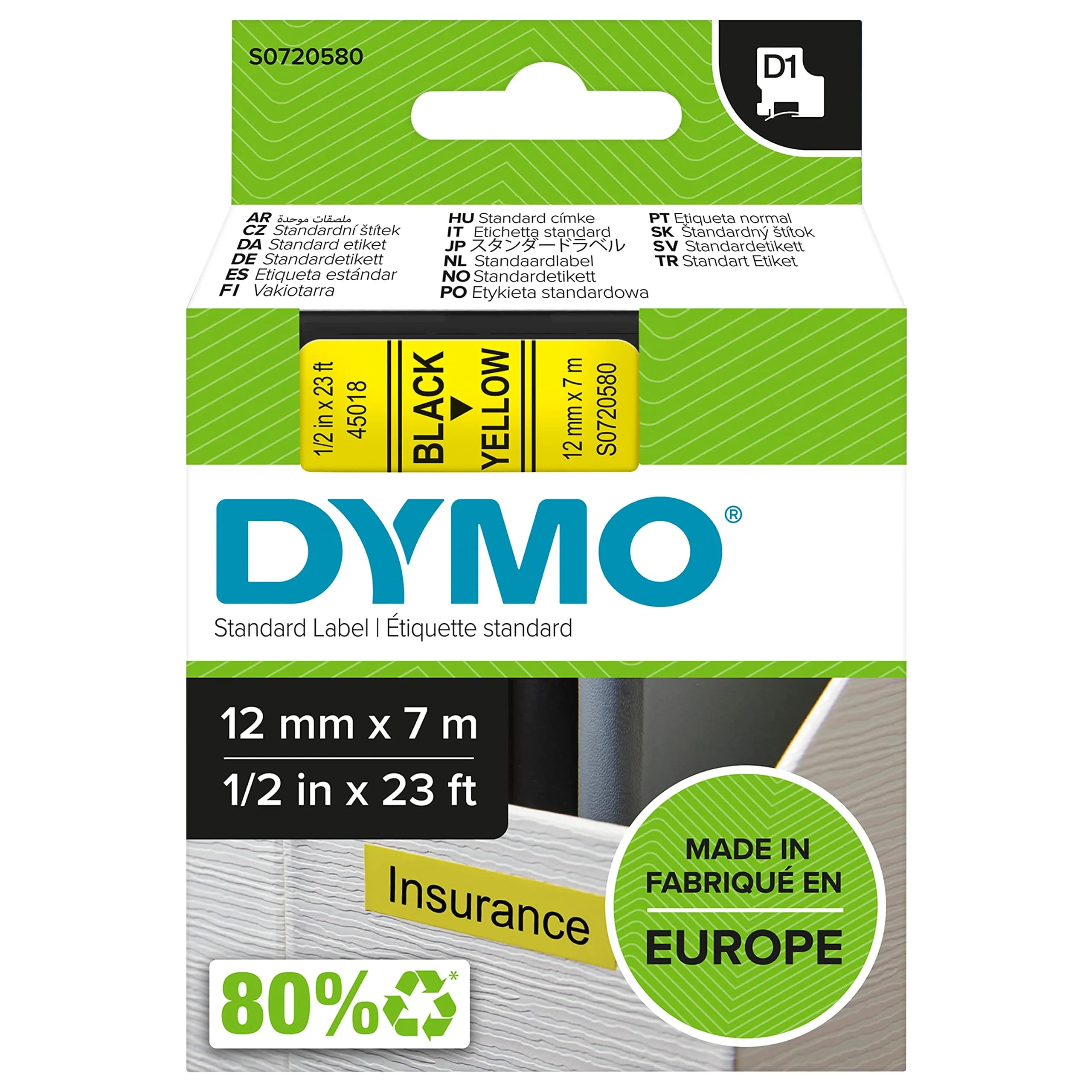 DYMO D1 Standard Label Tape Black on Yellow 12mm x 7m | Compatible with LabelManager Series - main product image