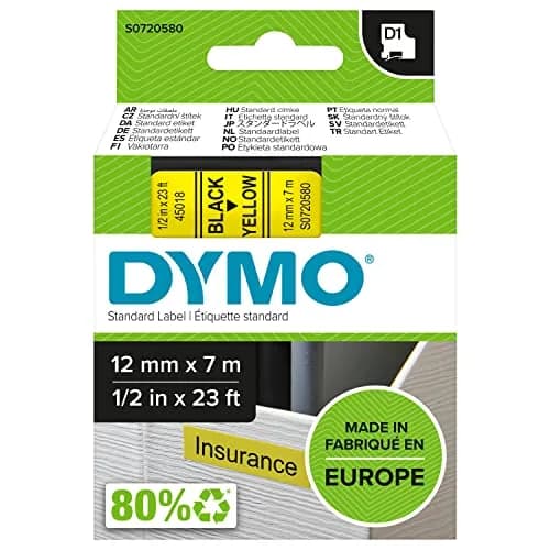 DYMO D1 Standard Label Tape Black on Yellow 12mm x 7m | Compatible with LabelManager Series thumbnail 1