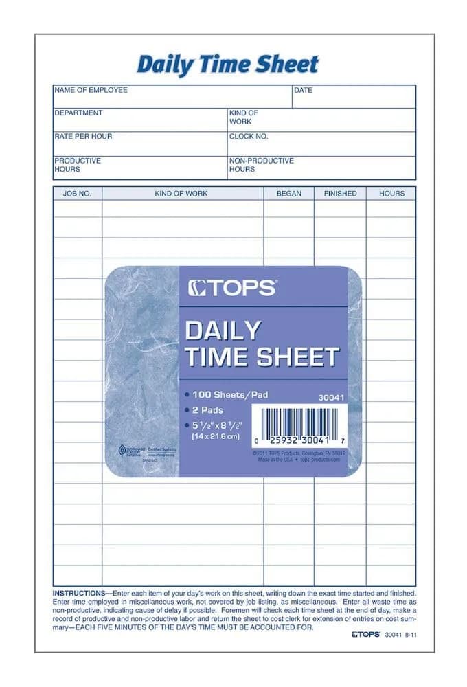 TOPS Daily Employee Time and Job Sheet 21.6 x 24.1 cm (8.5 x 9.5 Inches) | Tracks Daily Work Hours and Project Completion - main product image