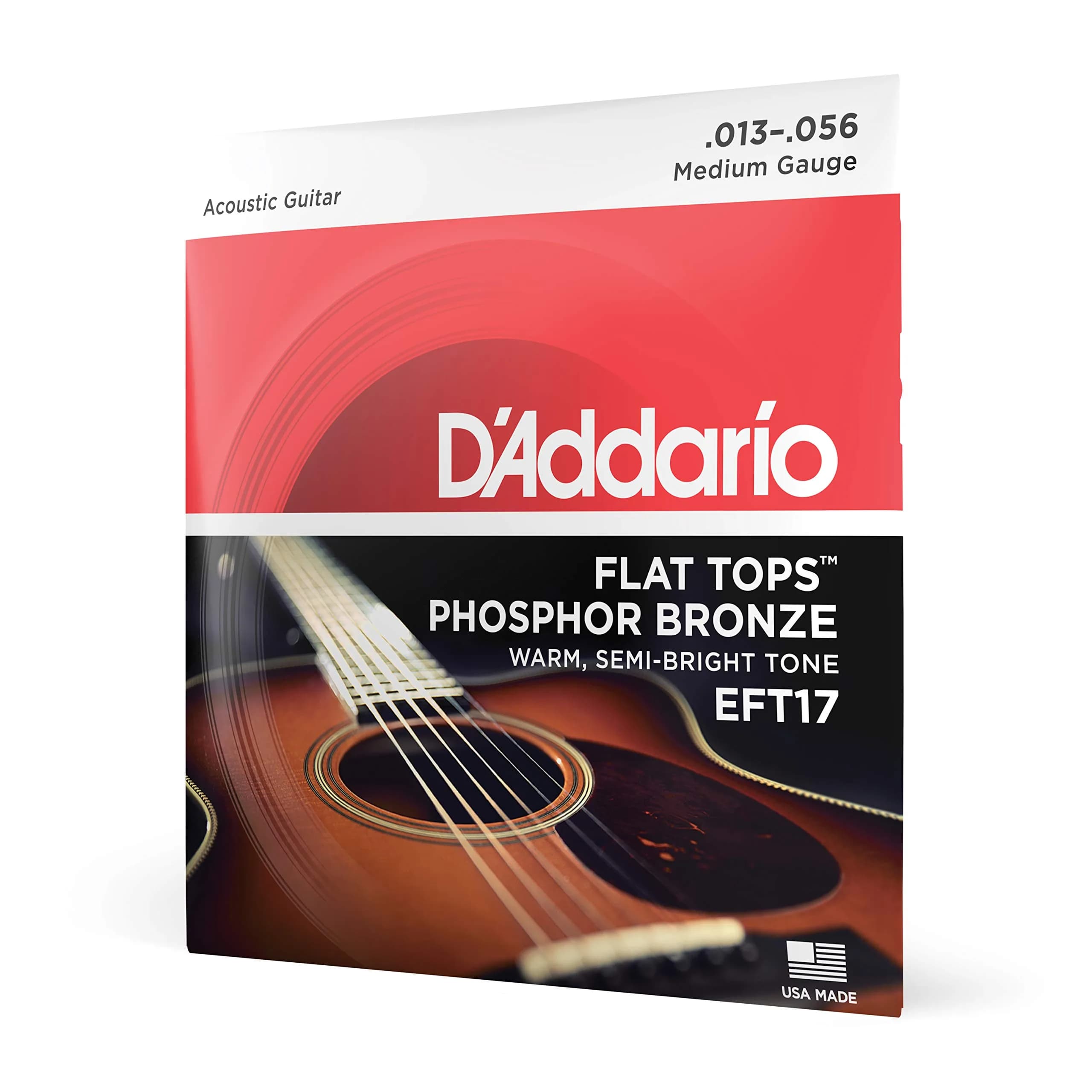D'Addario Flat Tops Phosphor Bronze Strings EFT17 Medium 13-56 | Reduced Finger Noise for Recording & Slide Guitar — Bronze
