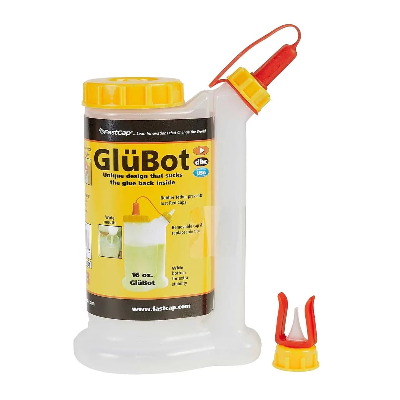 FastCap Glue Dispenser, Yellow/White, 16 oz | Spill-Proof, Two-Chamber Design