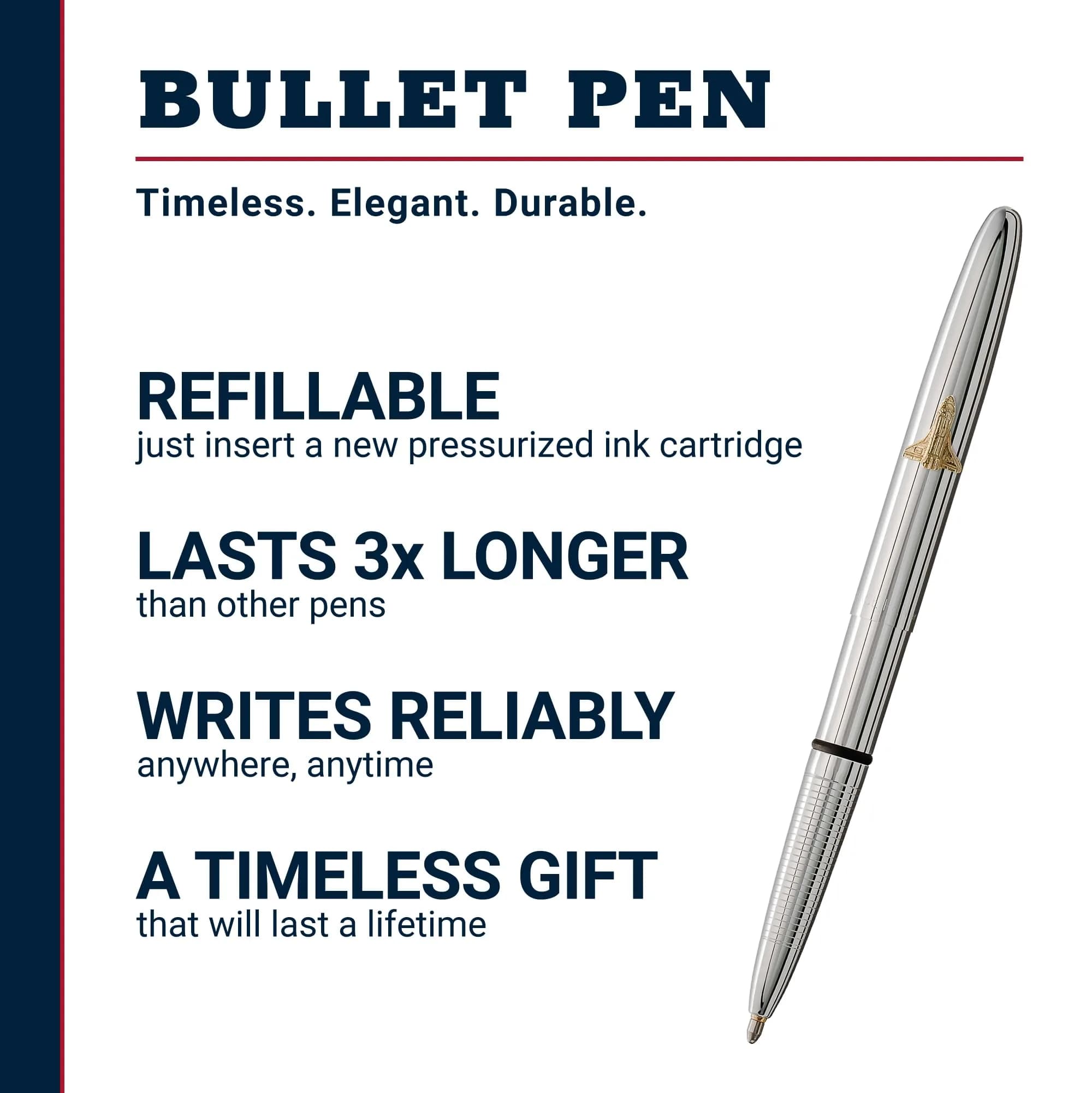 Fisher Space Pen Solar Flare Gold Titanium Nitride Bullet Pen 10.6 mm (0.42 in) | Writes Upside Down & in Extreme Temperatures — Chrome Shuttle Emblem thumbnail 2
