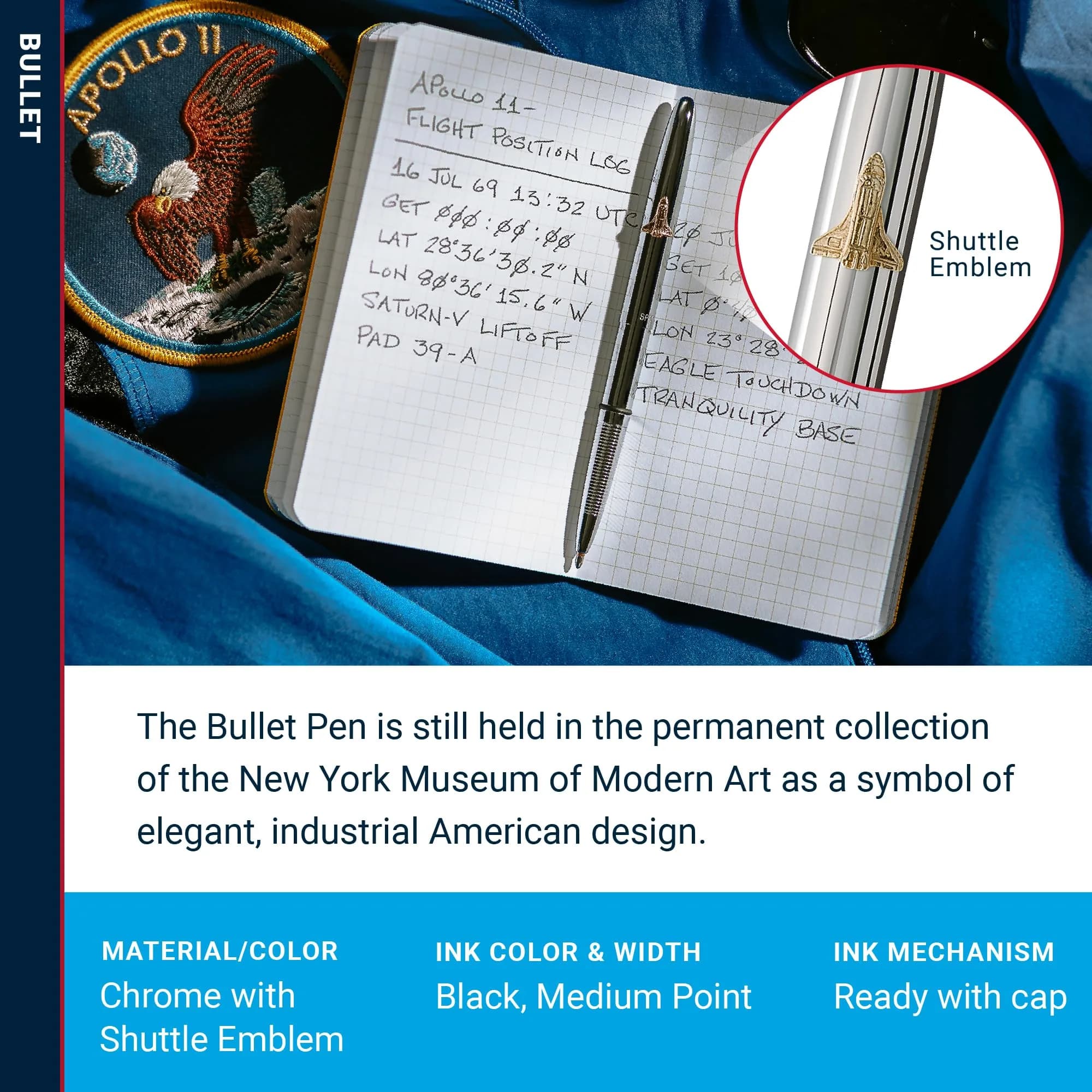Fisher Space Pen Solar Flare Gold Titanium Nitride Bullet Pen 10.6 mm (0.42 in) | Writes Upside Down & in Extreme Temperatures — Chrome Shuttle Emblem thumbnail 3