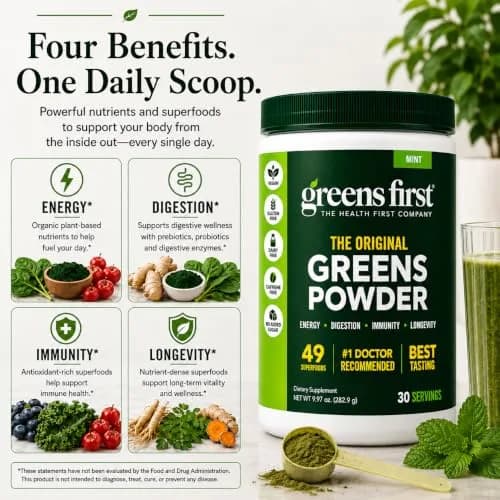Greens First Original Greens Powder, Mint, 8.96 Ounce (Pack of 1) | 49 Superfoods & Digestive Support thumbnail 4