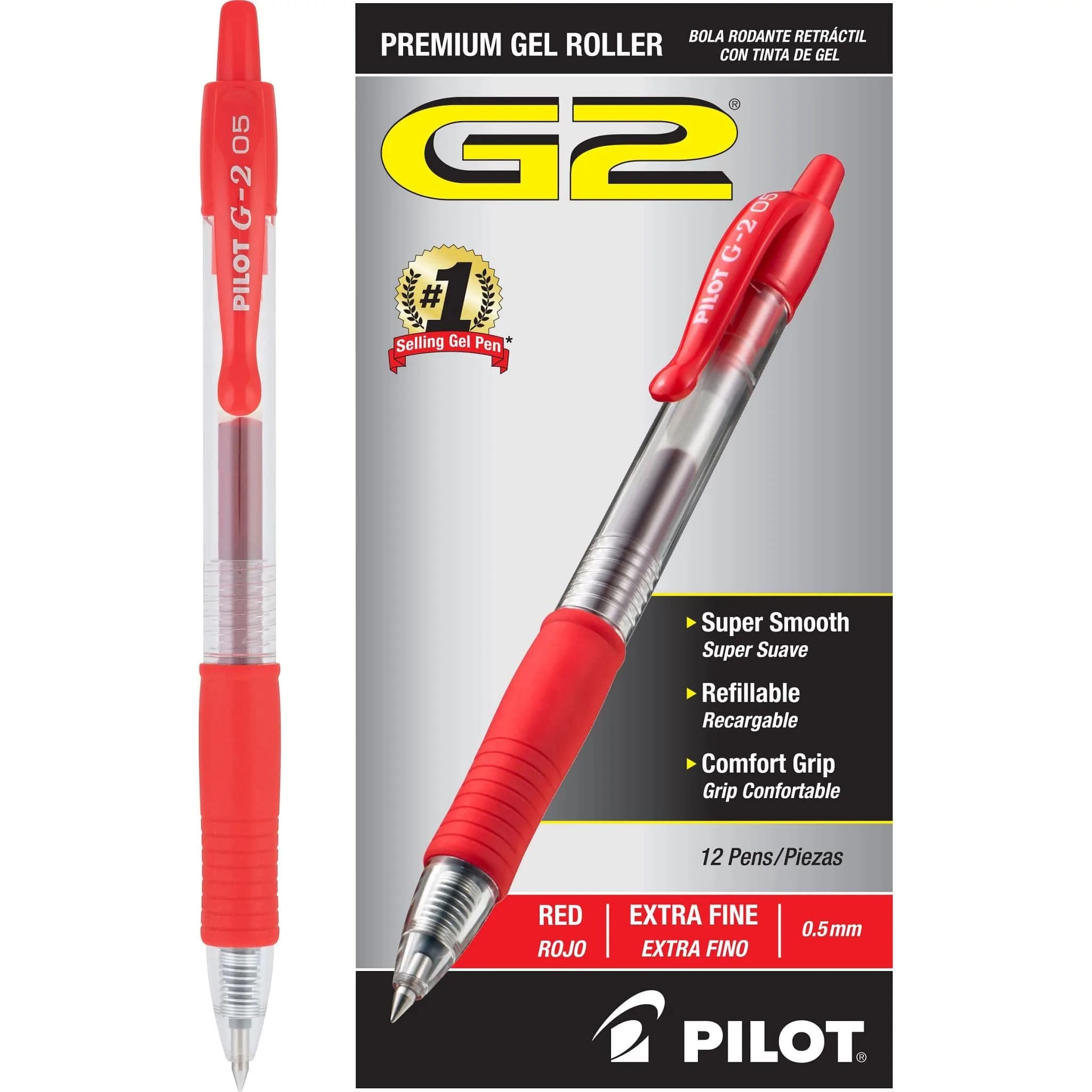Pilot G2 Premium Retractable Gel Pens, Extra Fine Point, 0.5mm Red Ink, 12-Pack | Smooth Writing Instrument — Red Ink
