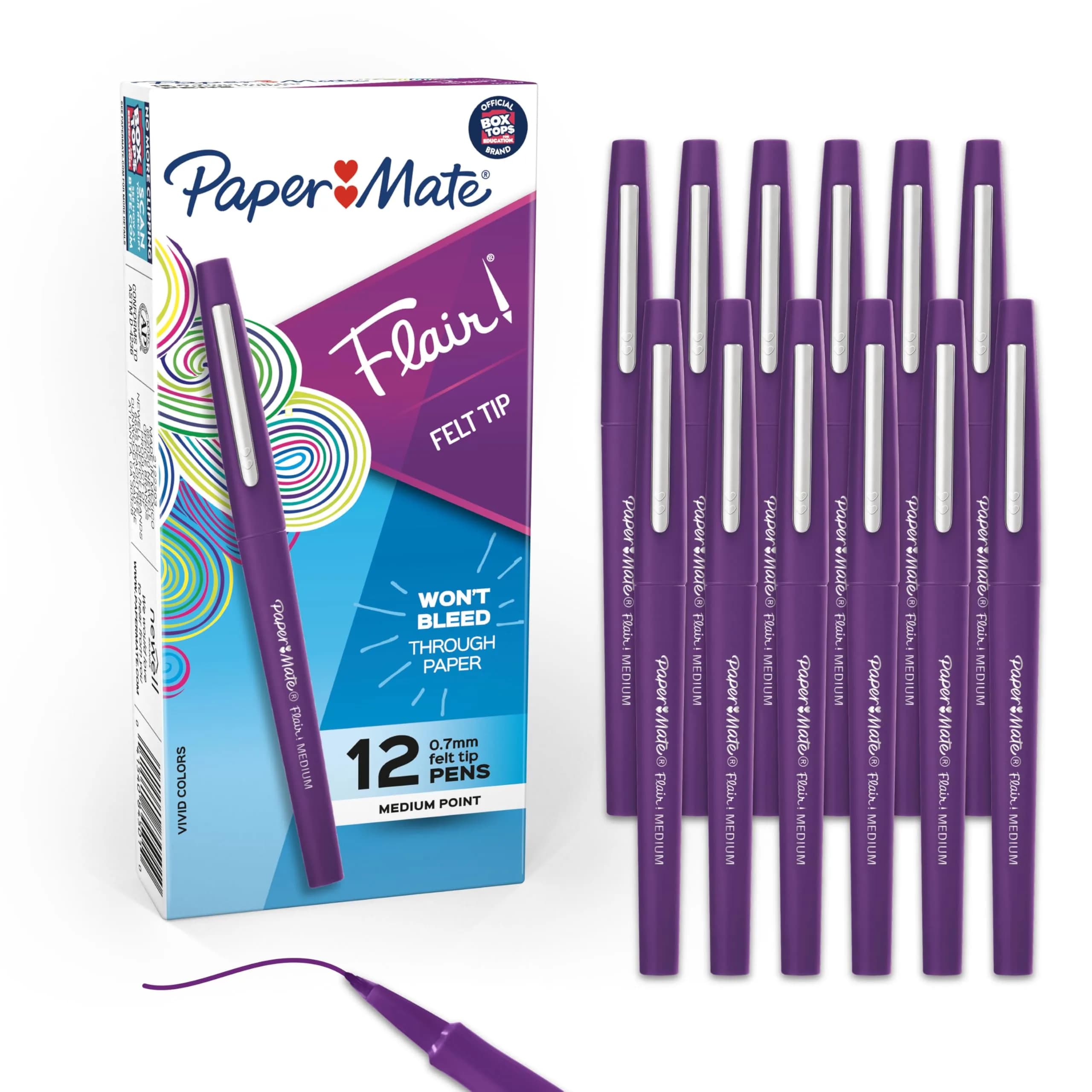 Paper Mate Flair Felt Tip Pens, Medium Point (0.7mm), Vivid Purple, 12 Count | Bright, Smear-Resistant Marking Pen for Classroom & Office
