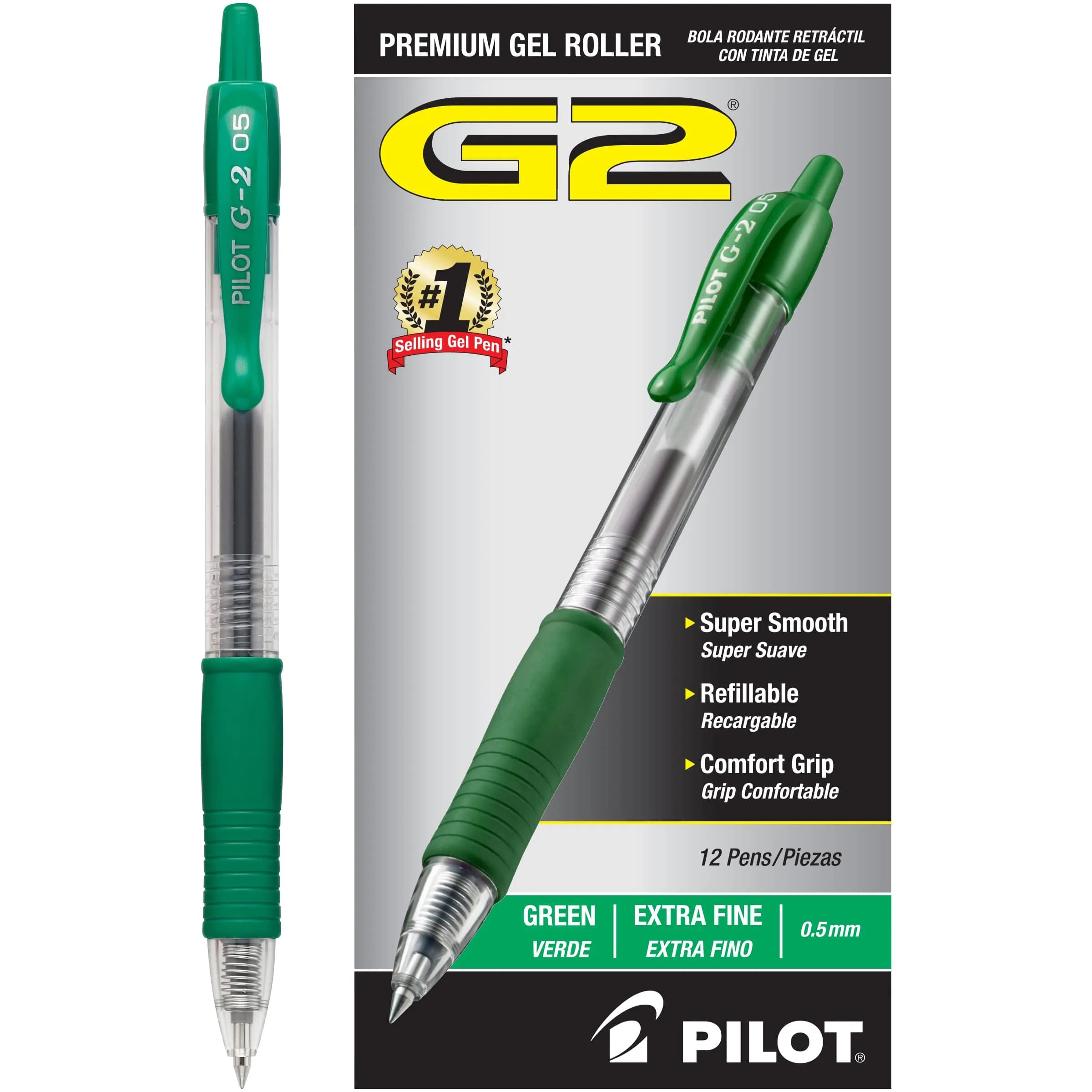 Pilot G2 Premium Retractable Gel Pens, Extra Fine Point, 0.5mm Red Ink, 12-Pack | Smooth Writing Instrument — Green Ink