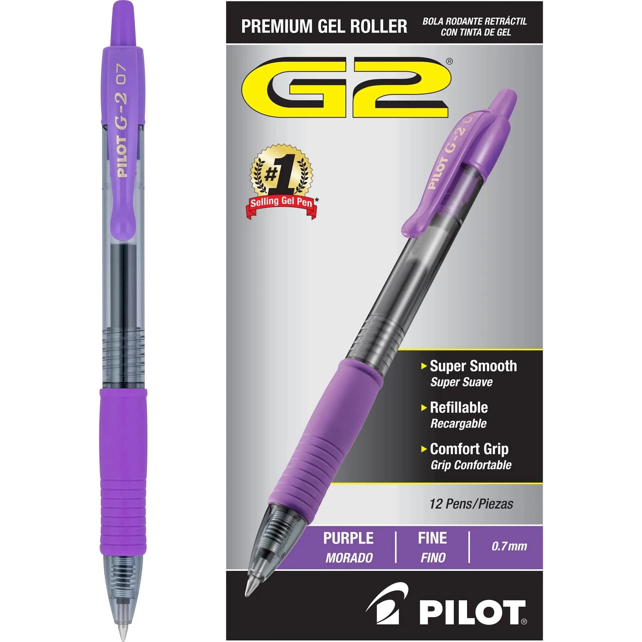 Pilot G2 Premium Gel Roller Pens, Fine Point 0.7 mm, Purple Ink, Pack of 12 | Smooth Ink Flow Writing Instrument