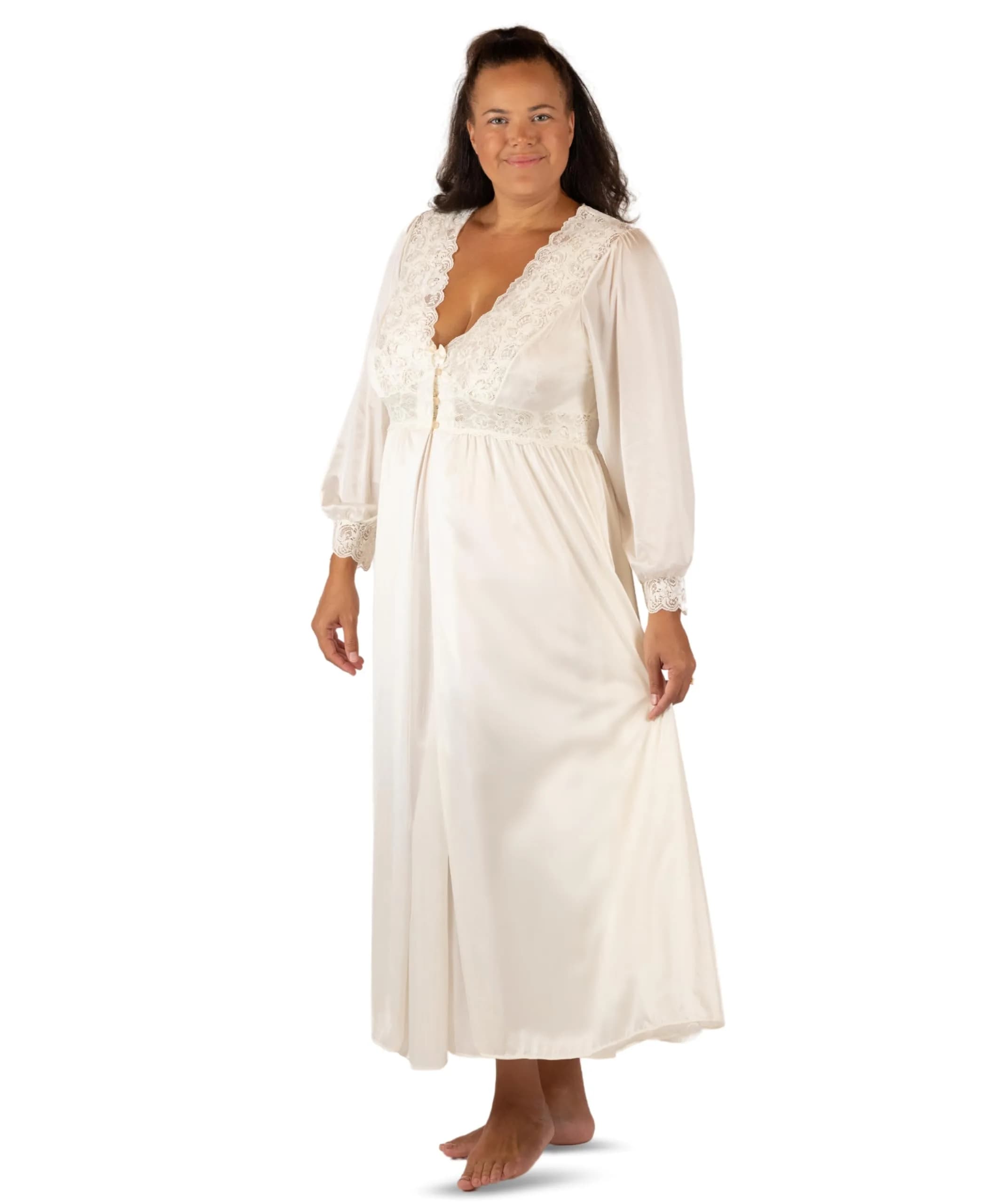 Shadowline Plus Size Silhouette 54 Inch Long Sleeve Ivory Coat | Feminine Vintage Style