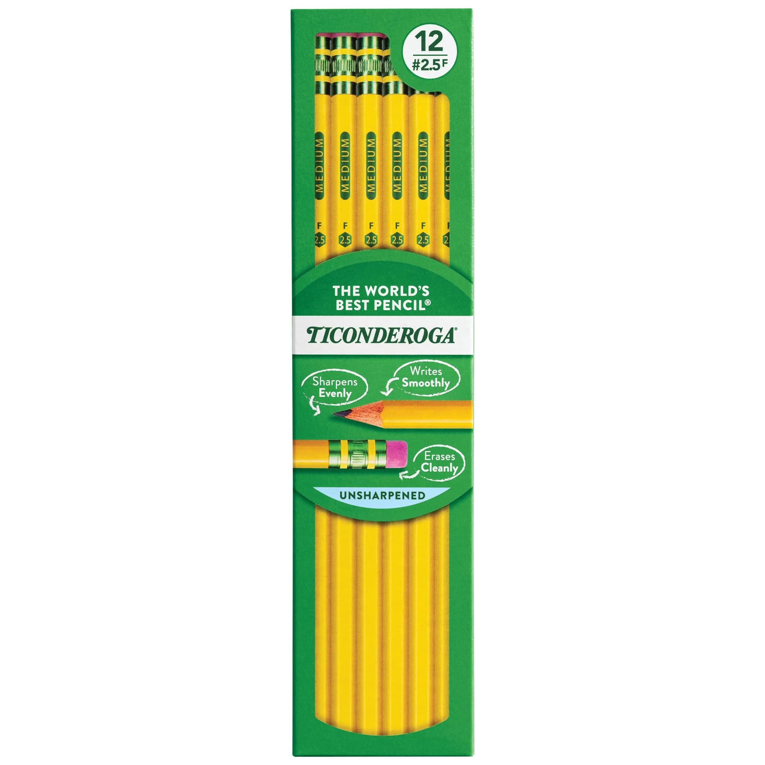 Ticonderoga Wood-Cased Pencils, Unsharpened, #2.5 F Medium, Yellow, 12 Count