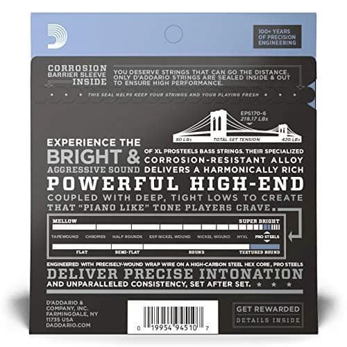 D'Addario XL ProSteels Bass Strings EPS170-6, 32-130, 6-String | Bright Tone, Tight Lows, USA-Sourced thumbnail 2