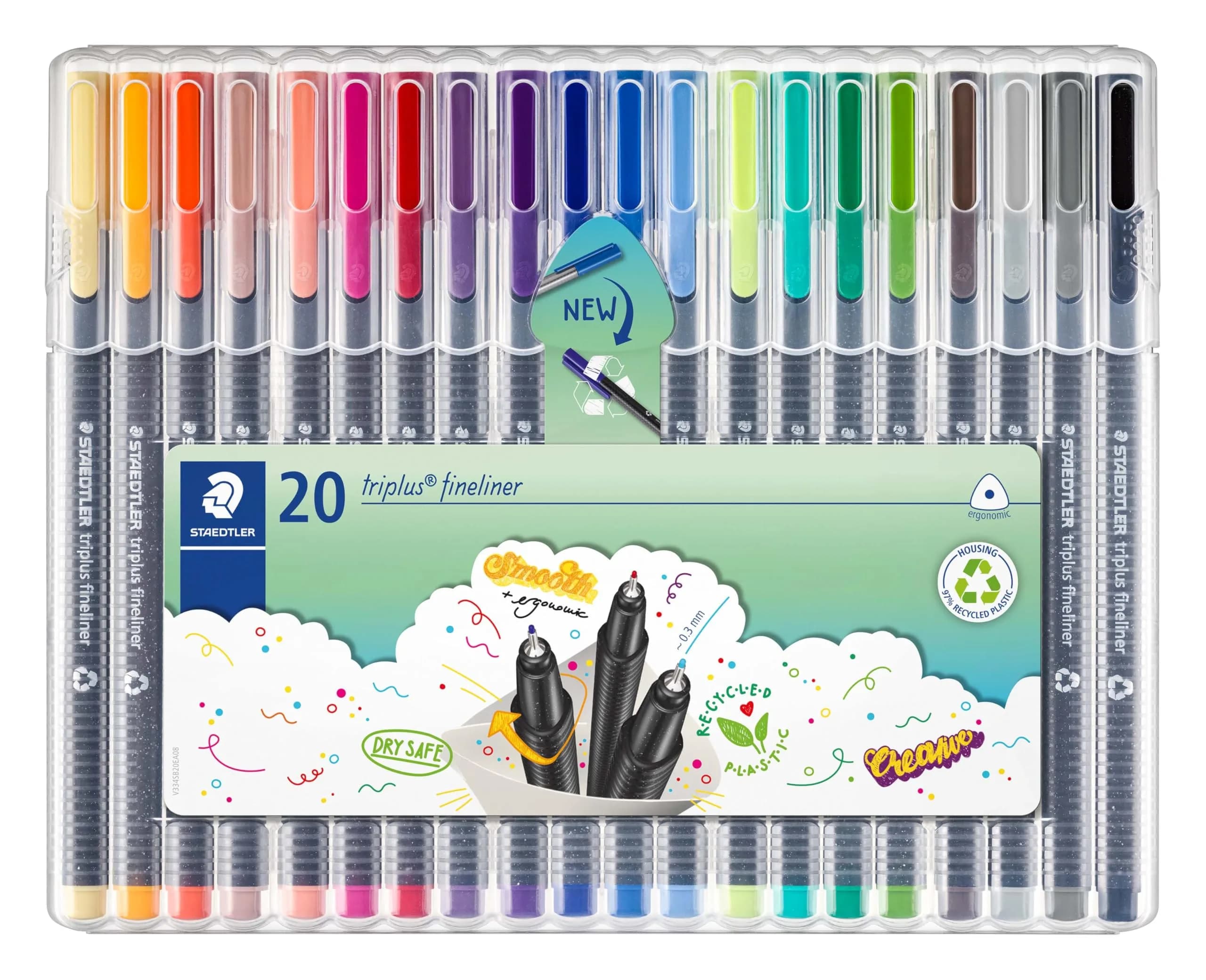STAEDTLER Triplus Fineliner Pens, 0.3mm, Metal Clad Tip, 20-Pack, Assorted | Fine Metal Tip for Precise Writing - main product image