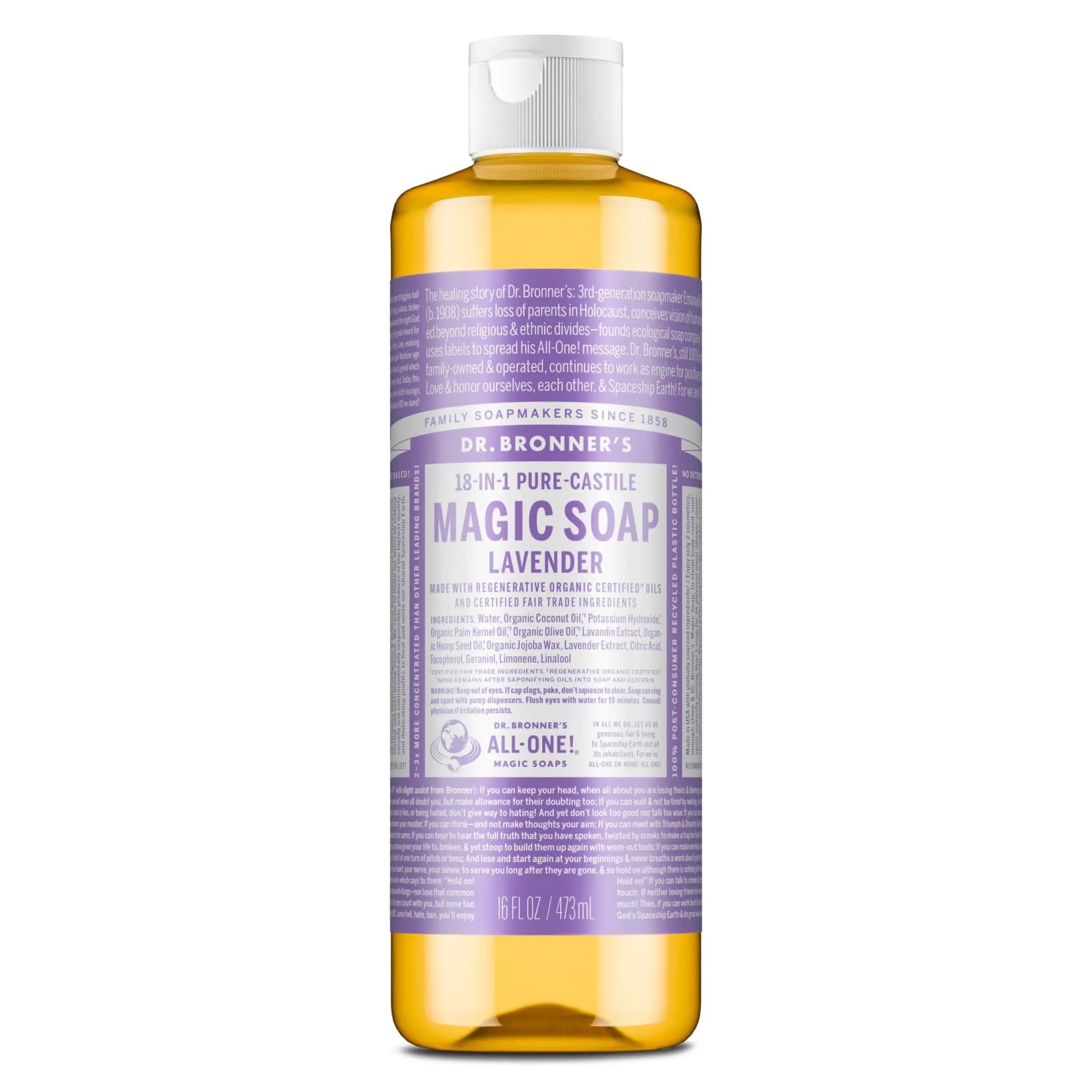 Dr. Bronner's Pure-Castile Liquid Soap Lavender 472ml (16 Fl Oz) | Gentle Organic 18-in-1 Use All-Purpose Cleanser