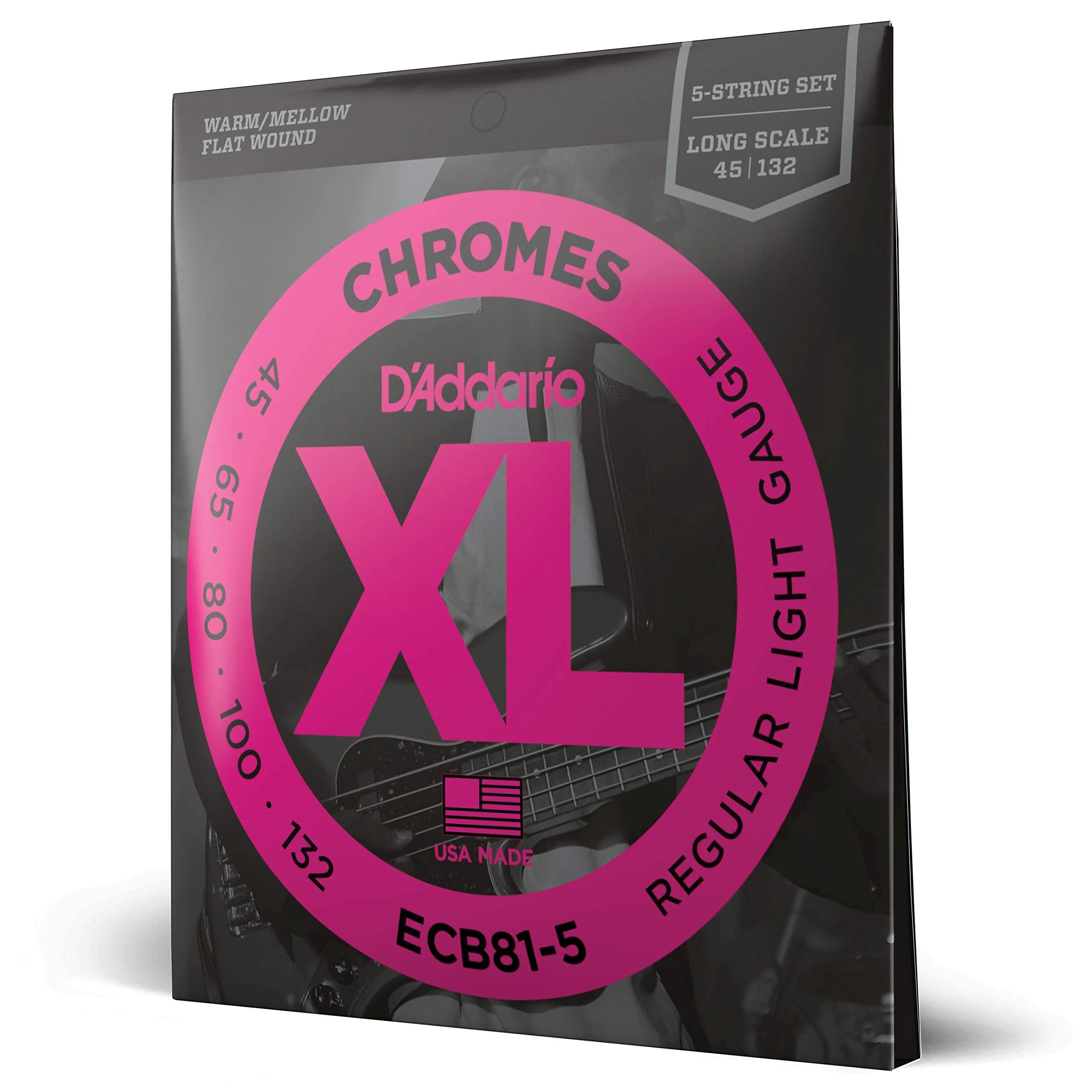 D'Addario XL Chromes Flatwound Bass Strings ECB81-5, 45-132, 5-String | Mellow Tone, Smooth Feel - main product image