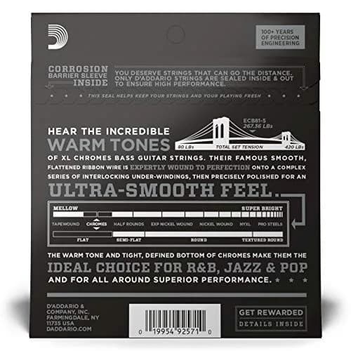 D'Addario XL Chromes Flatwound Bass Strings ECB81-5, 45-132, 5-String | Mellow Tone, Smooth Feel thumbnail 2