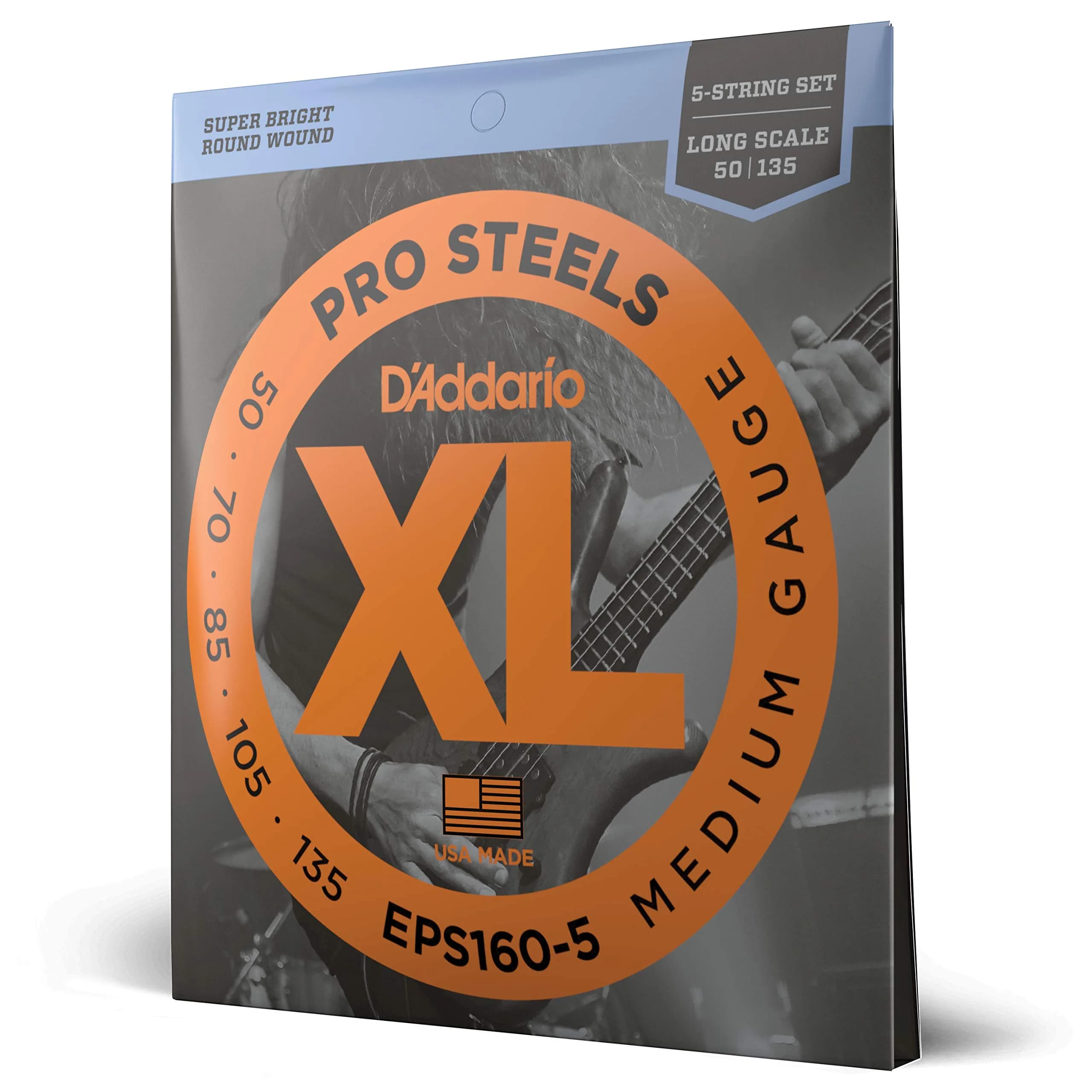 D'Addario XL ProSteels Bass Strings EPS160-5, 50-135 Medium Gauge, 5-String Set | Bright Tone & Tight Lows — Original Version