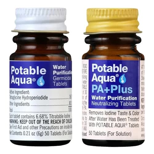 Potable Aqua Water Purification Tablets with PA Plus - 100 Count (50+50) | Disinfects Water for Hiking & Emergencies thumbnail 1