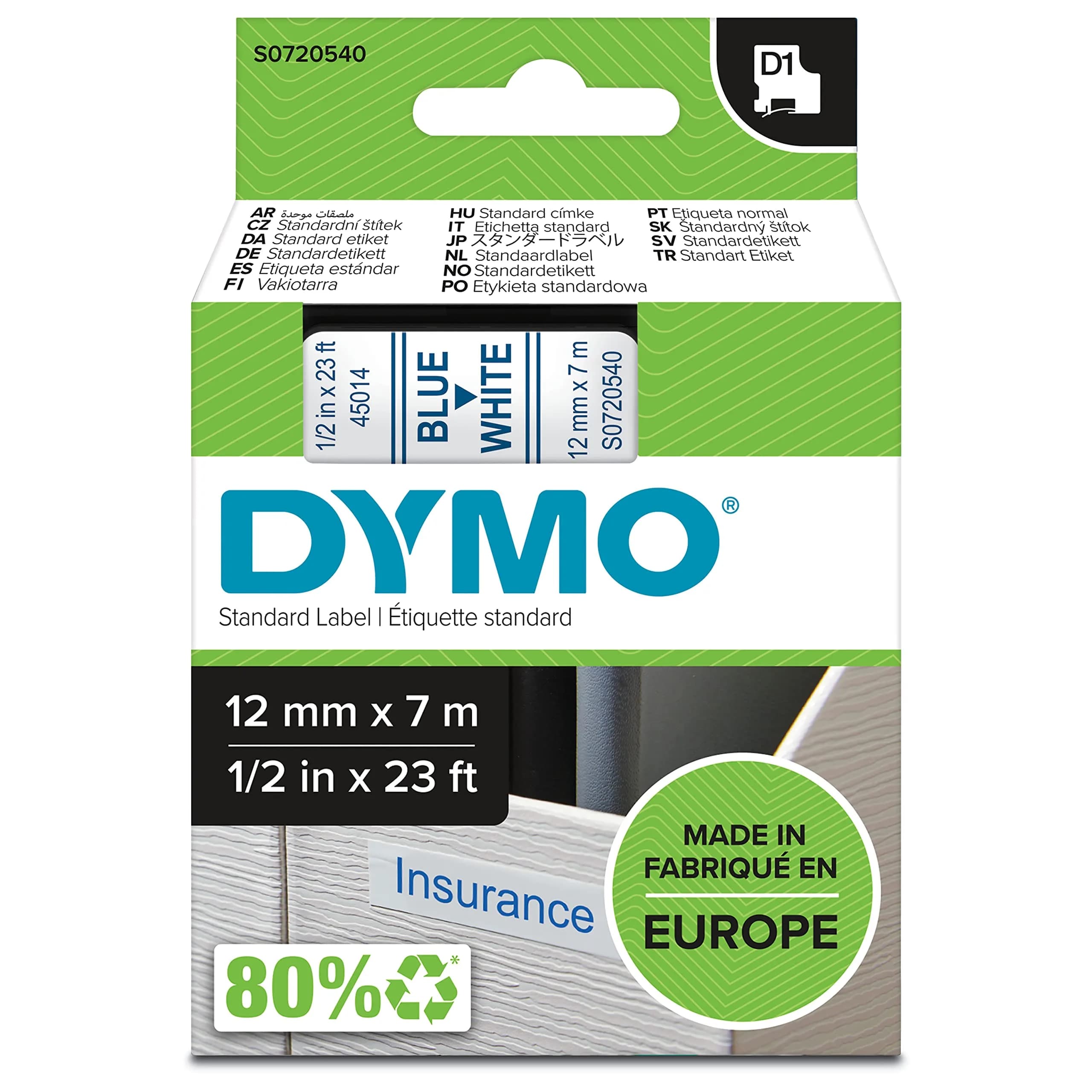 DYMO D1 Standard Labelling Tape 12mm (0.47 in) x 7m - Blue on White | Compatible with LabelManager Series - main product image