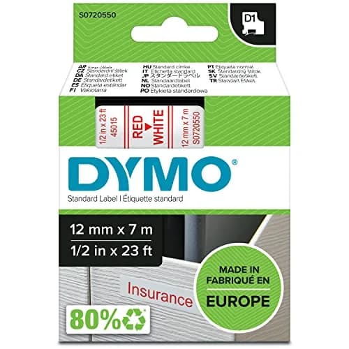 DYMO D1 Label Tape, Red on White, 12mm x 7m Roll | Authentic Belgium-Made Labeling Tape thumbnail 1