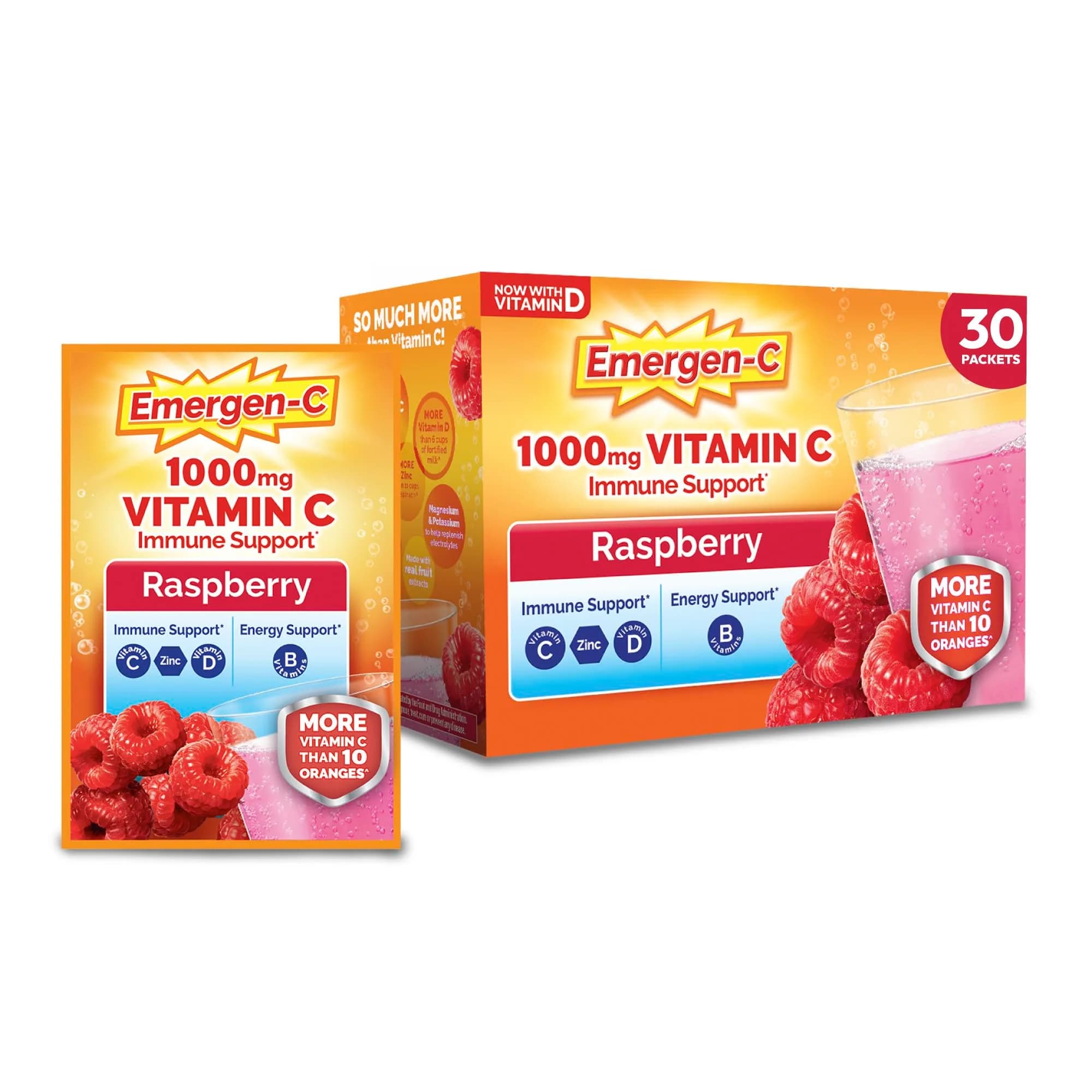 Emergen-C Raspberry 1000mg Vitamin C Powder 30 Packets | Immune Support with Zinc & B Vitamins