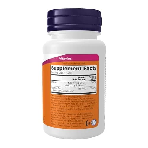 NOW Supplements, Folic Acid 800 mcg + B-12 25 mcg, B-Complex Vit, 250 Tabs | Supports DNA & Cardiovascular Health thumbnail 2