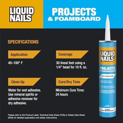 Liquid Nails Projects & Foamboard Adhesive 295ml (10 Fl Oz) | Bonds Foam Insulation, Drywall & Panels thumbnail 4