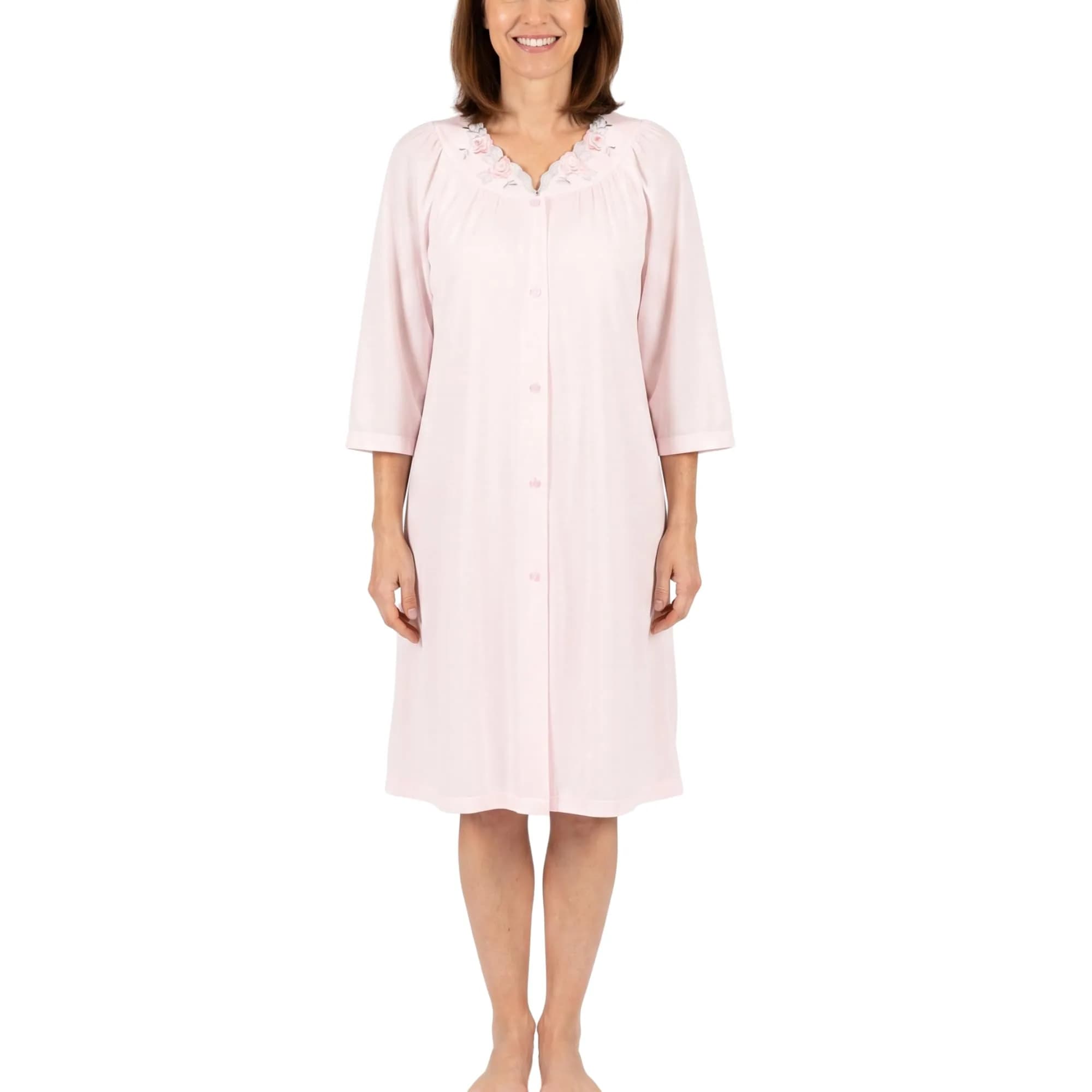 Shadowline Women's Petals 3/4 Sleeve Button Front Robe, Pink, Small | Floral Embroidered Nightgown for Women - main product image