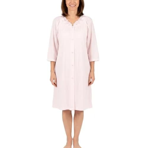 Shadowline Women's Petals 3/4 Sleeve Button Front Robe, Pink, Small | Floral Embroidered Nightgown for Women thumbnail 1