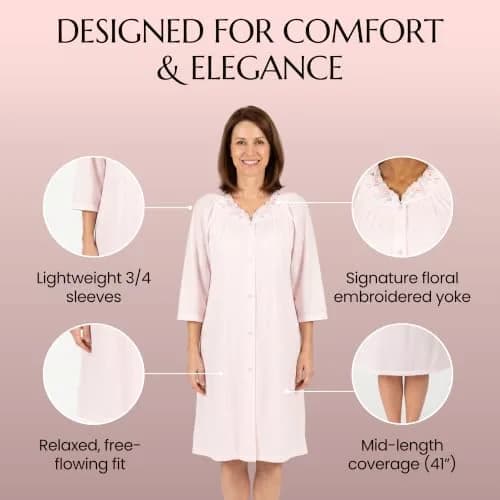 Shadowline Women's Petals 3/4 Sleeve Button Front Robe, Pink, Small | Floral Embroidered Nightgown for Women thumbnail 3